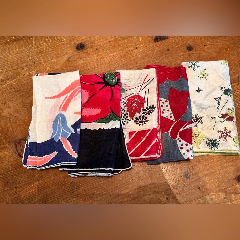 Set of FIVE assorted vintage Deco / mid century handkerchiefs.